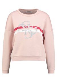 Lichtroze sweater met ronde hals, rode en witte horizontale strepen en zilveren glinsterende "G" logo's verweven die in het midden van de borst zijn geplaatst.