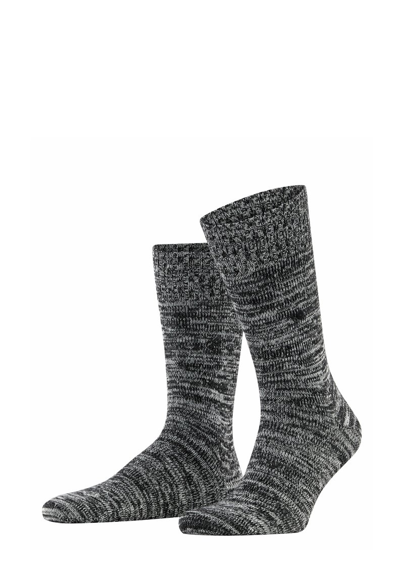 Szare i czarne skarpetki z dzianiny o teksturowanym, prążkowanym wzorze, w długości do połowy łydki, z mieszanym wzorem kolorystycznym w całej powierzchni.