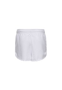 Witte, atletische shorts tot halverwege de dij, gemaakt van zachte stof, met een elastische tailleband en gebogen zoom voor bewegingsvrijheid.