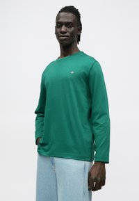 Groen T-shirt met lange mouwen in een zachte stof en een ronde hals. Heeft een klein geborduurd detail op de borst. Gecombineerd met lichte spijkerbroek.