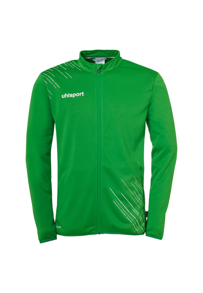 Grøn sportjakke med lynlåse foran, letvægtsstof og hvide diagonale linje accenter på venstre skulder. Lavet af Uhlsport.