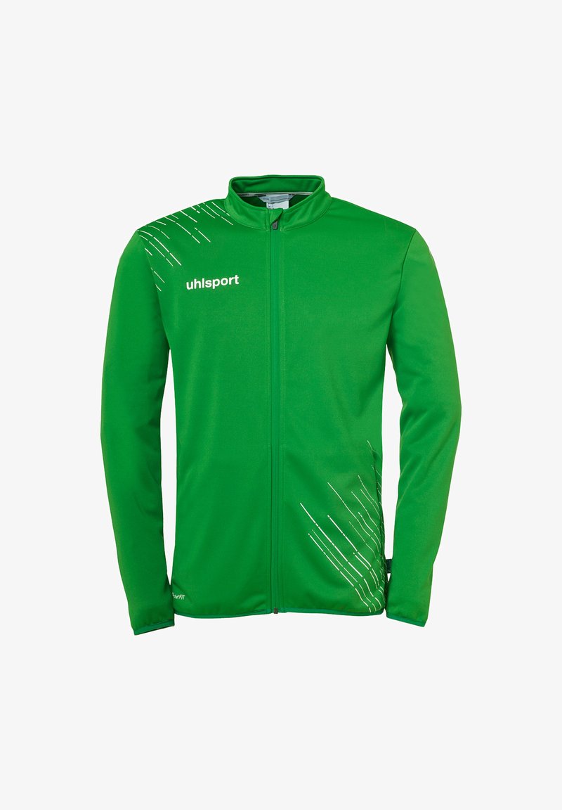 Grøn sportjakke med lynlåse foran, letvægtsstof og hvide diagonale linje accenter på venstre skulder. Lavet af Uhlsport.
