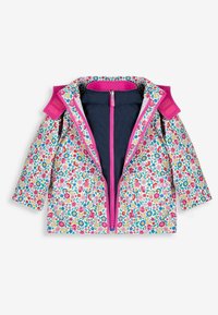 Floral-patterned jacket in lightweight fabric, featuring pink accents, a navy interior, a front zipper, and hook-and-loop closure on sleeves.