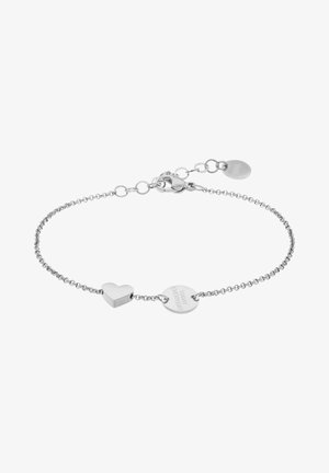 Bracciale d'argento con un cuore e un ciondolo rotondo con le incisioni "OGGI" e "OGNI GIORNO", collegati da una delicata catena e chiusura a moschettone.