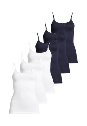 Kuuden naisten istuvien ohuilla remmeillä varustettujen toppien setti, kolme valkoista ja kolme tummaa merensinistä, aseteltuna vuorottelevaan värijärjestykseen.