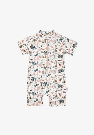 Kurzarmpullover-Overall mit Reißverschluss vorne, der mit einem verspielten Dschungeldruck verziert ist, der Elefanten, Giraffen, Palmen und tropische Pflanzen in Pastellfarben zeigt.