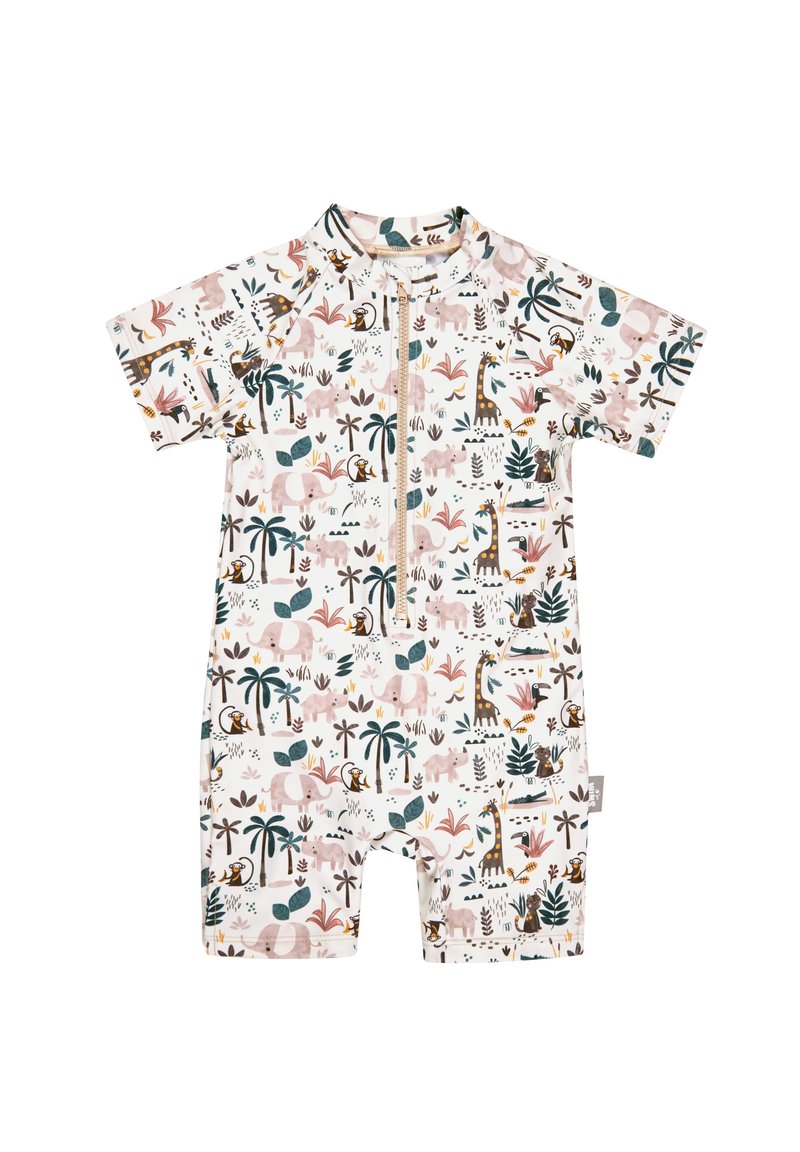 Kurzarmpullover-Overall mit Reißverschluss vorne, der mit einem verspielten Dschungeldruck verziert ist, der Elefanten, Giraffen, Palmen und tropische Pflanzen in Pastellfarben zeigt.