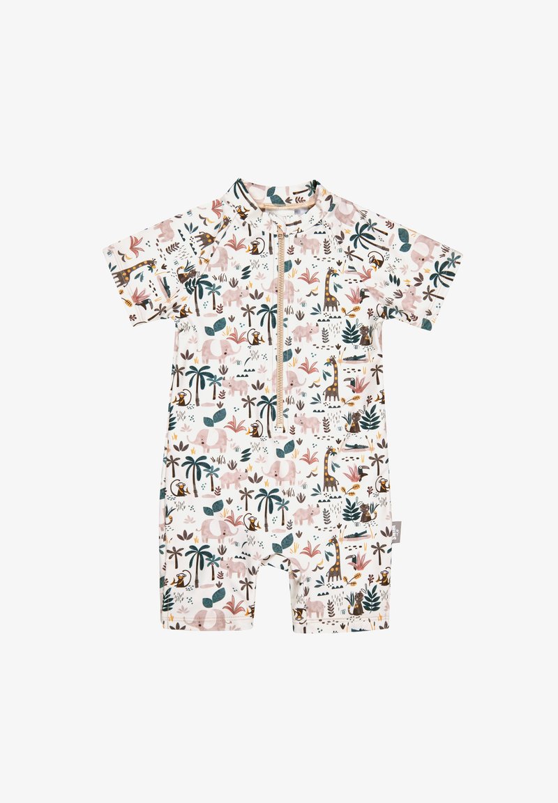 Kurzarmpullover-Overall mit Reißverschluss vorne, der mit einem verspielten Dschungeldruck verziert ist, der Elefanten, Giraffen, Palmen und tropische Pflanzen in Pastellfarben zeigt.