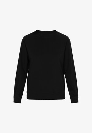 Czarny długi rękaw sweter z miękkiej bawełny, z okrągłym dekoltem, ściągaczami przy rękawach i luźnym krojem. Bez wzorów ani ozdób.