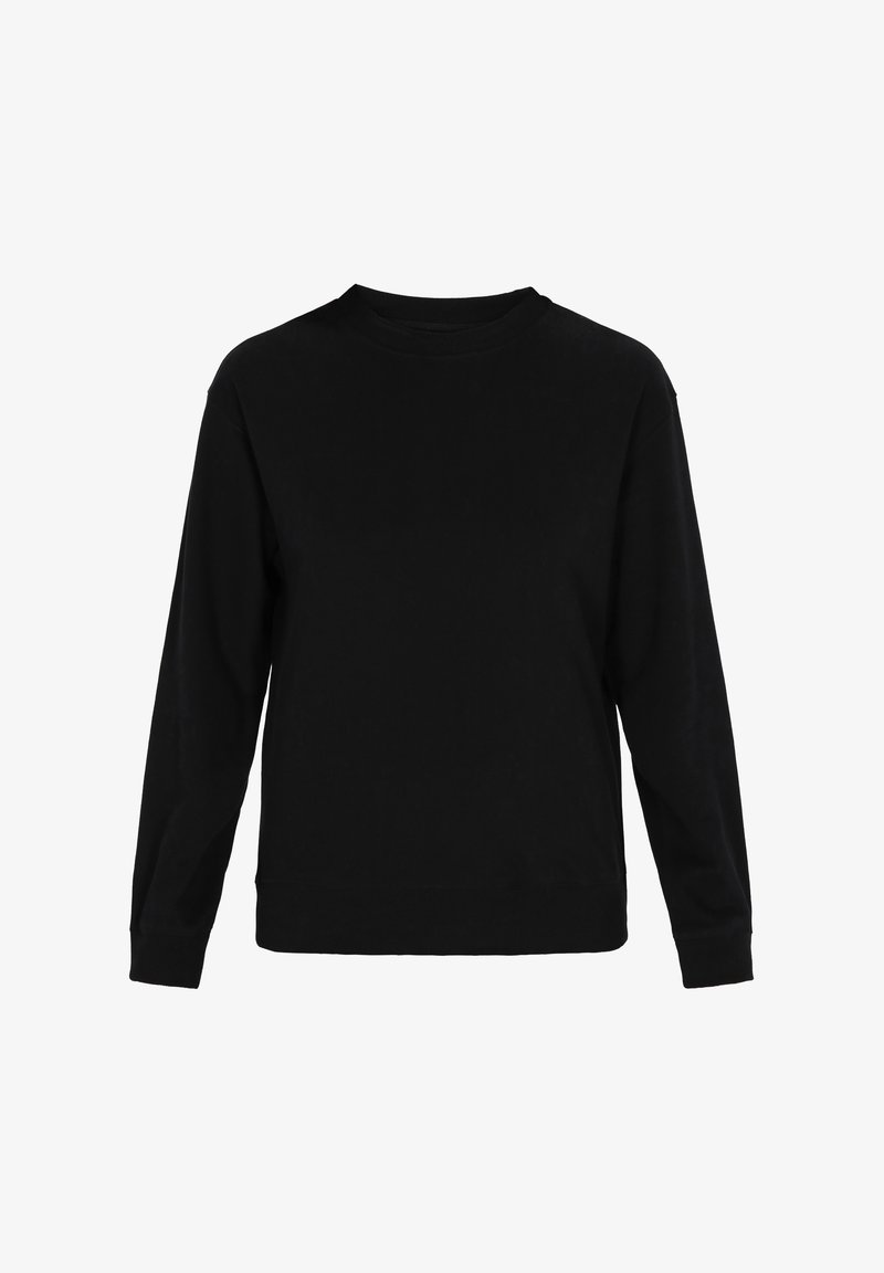 Felpa nera a maniche lunghe in morbido cotone, con scollo rotondo, polsini a costine e vestibilità ampia. Senza motivi o decorazioni.