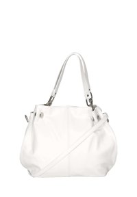 Borsa a tracolla in pelle bianca con una forma morbida, doppi manici e una tracolla staccabile. Presenta hardware in tonalità argentata e dettagli di cucitura.