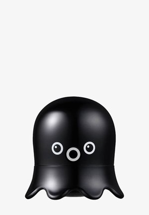 Glänzender schwarzer, oktopusförmiger Aufbewahrungsbehälter mit zwei runden Augen und einem kreisförmigen Mund auf weißem Hintergrund.