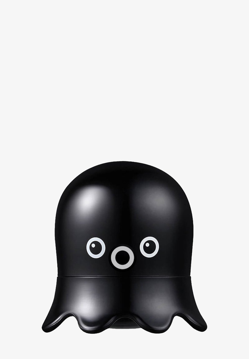 Conteneur de rangement brillant en forme de pieuvre noire avec deux yeux ronds et une bouche circulaire sur fond blanc.