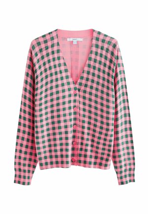 Rosa und grün kariertes Cardigan mit langen Ärmeln, V-Ausschnitt und fünf Knöpfen auf der Vorderseite. Weiches Material mit glatter Textur.