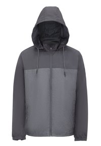 Grijze windbreaker jas met capuchon, voorzien van een gestructureerd lichaam, gladde mouwen en een rits aan de voorkant. Inclusief trekkoorden en zijzakken.