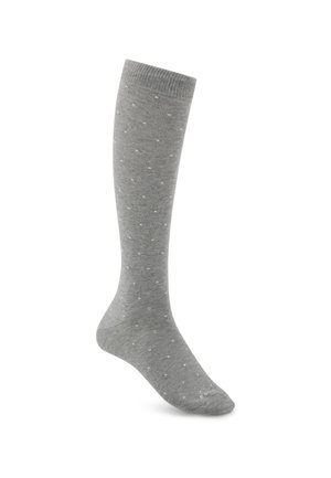 Une chaussette grise montant au genou avec de petits points blancs, affichée à la verticale sur un fond blanc.