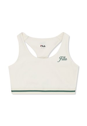 Kremowy sportowy stanik Fila z fasonem racerback, zielonym logo Fila na przodzie oraz zielonym paskiem elastycznym na dole.
