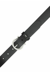 Czarny skórzany pasek o gładkiej teksturze, okrągła srebrna klamra oraz liczne otwory do regulacji rozmiaru. Prosty i funkcjonalny design.