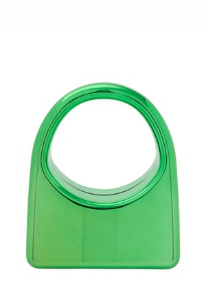 Groene, transparante plastic tas met een geometrische vorm; heeft een grote ronde opening en een vlakke rechthoekige bodem. Glad oppervlak.