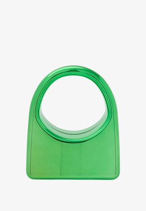 Bolsa de plástico verde y transparente con forma geométrica; presenta una gran abertura circular y una base rectangular plana. Textura suave.