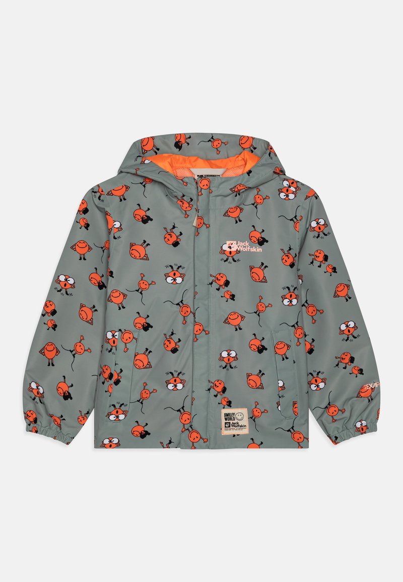 Lightweight gray rain jacket with orange playful patterns, a hood, zip closure, and elastic cuffs. Includes logo and pocket detail.