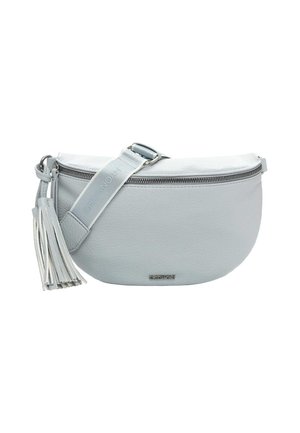 Bolso bandolera de cuero gris claro con cierre de cremallera, correa ajustable, detalle de borla y pequeño logotipo de metal de la marca en el frente.