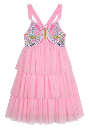 Pink lagdelt tylkjole med bodice dækket af sommerfugleskinnende pailletter og flæset skulderstropper, designet til piger.
