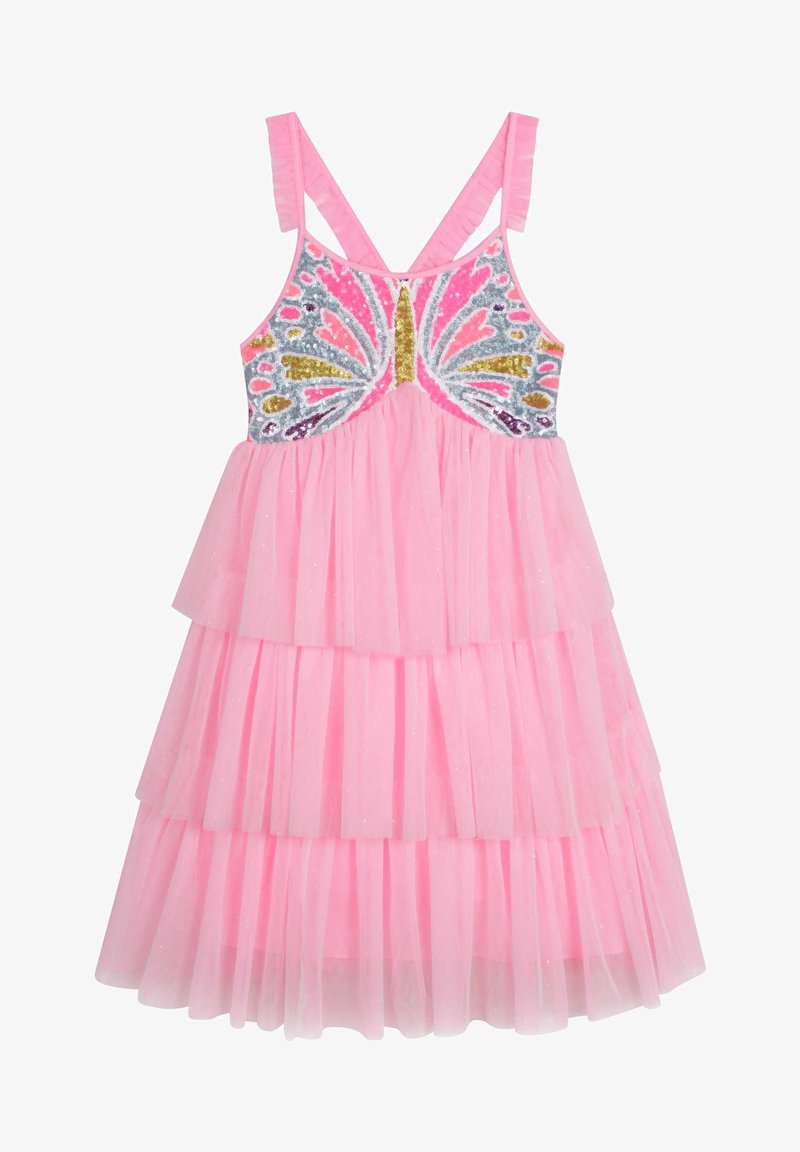 Robe rose en tulle à volants avec un corsage à sequins en forme de papillon et des bretelles à volants, conçue pour les filles.