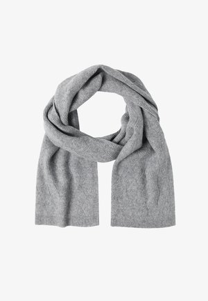 Soft gray knitted scarf with a subtle diamond pattern, folded and arranged in a loop on a white background.
