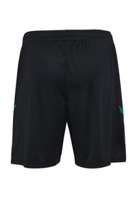 Czarne spodenki sportowe wykonane z gładkiej tkaniny, z zielonym wzorem na bokach. Elastyczna talia dla wygody.