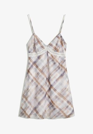 Kárované šaty na ramínka s tenkými popruhy, které mají krajkový lem na poprsí. Barvy zahrnují jemnou béžovou, hnědou a světle fialovou na světlém pozadí.