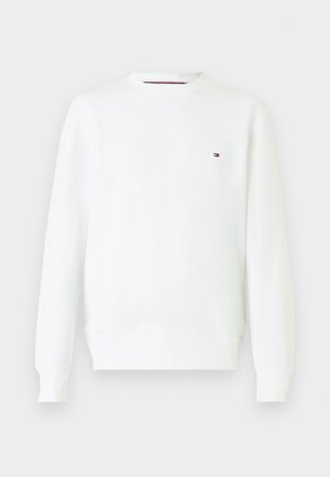 White sweatshirt with a crew neck, long sleeves, ribbed cuffs, and a small, embroidered logo on the left chest. Cotton material.