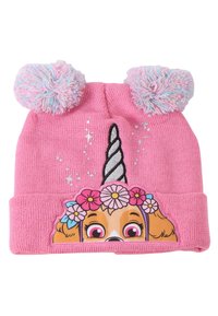 Roze gebreide muts met twee pom-poms. Bevat een afbeelding van een hond met een kroon van bloemen en een zilveren eenhoornhoorn, afgewerkt met glitter.