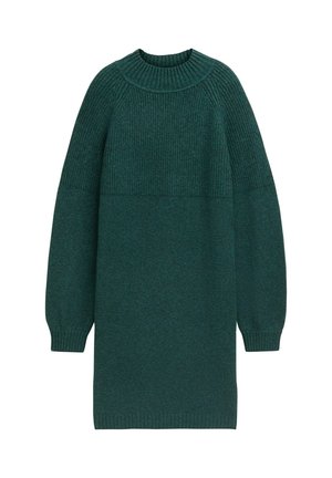 Turkusowa dzianinowa sukienka z prążkowanym okrągłym dekoltem, długimi rękawami i luźnym krojem, posiadająca strukturalną górną część oraz gładką dolną część.