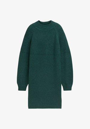 Turkusowa dzianinowa sukienka z prążkowanym okrągłym dekoltem, długimi rękawami i luźnym krojem, posiadająca strukturalną górną część oraz gładką dolną część.