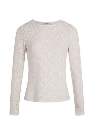 Haut à manches longues en dentelle couleur crème avec motif floral, col rond et silhouette ajustée.