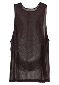 Zwart mesh tanktop met een losse pasvorm, voorzien van brede armsgaten en een ronde halslijn, die een gestructureerd stoffenpatroon doorheen toont.