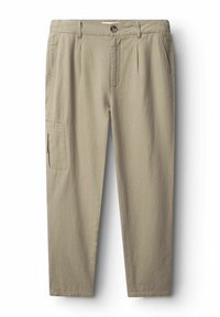Pantalons cargo beiges en tissu léger, dotés de deux poches avant, d'une poche cargo sur le côté et d'une coupe droite.
