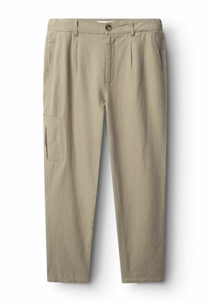 Beige Cargo-Hosen aus leichtem Stoff, mit zwei Fronttaschen, einer Seitentasche und geradem Bein.