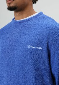 Blauwe textuurige sweatshirt met een losse pasvorm, voorzien van een ronde halslijn en een wit geborduurd logo op de borst. Zacht, pluizig materiaal.