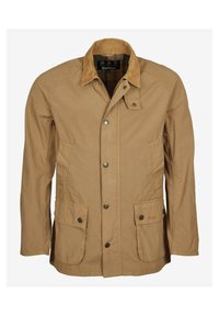 Hnědá bunda z odolné látky, s manžetou z kor álku, zapínáním na knoflíky a dvěma velkými předními kapsami s klopami.