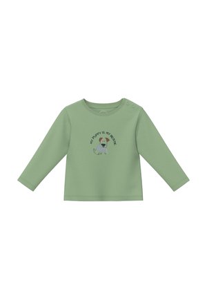 Zielona koszulka dla malucha z długim rękawem, zapinana na dwa zatrzaski na ramieniu, z ilustracją szczeniaka i napisem "Mój szczeniak to mój najlepszy przyjaciel."