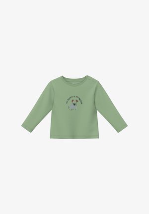 Chemise verte à manches longues pour tout-petit avec deux pressions sur l'épaule et une illustration de chiot accompagnée du texte "Mon chiot est mon meilleur ami."