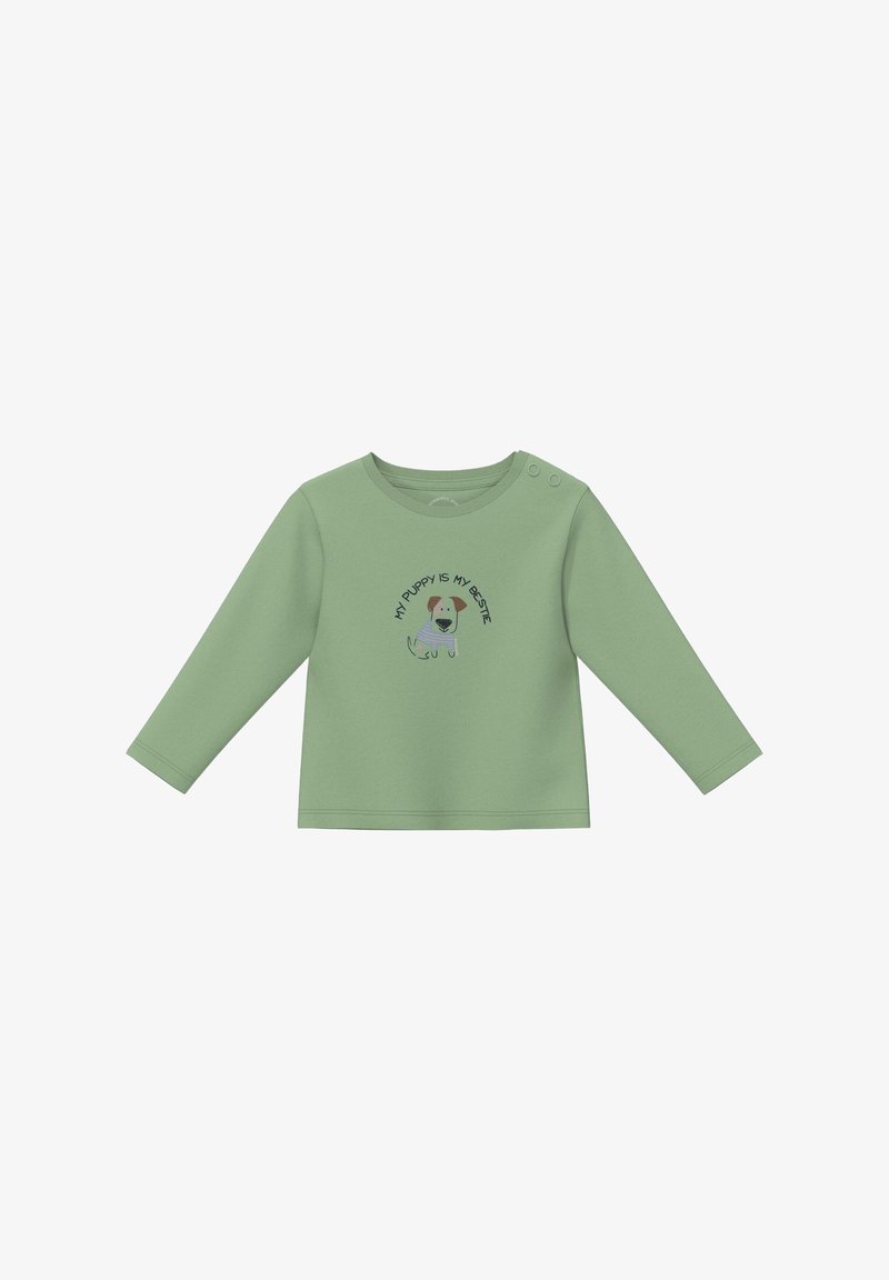 Chemise verte à manches longues pour tout-petit avec deux pressions sur l'épaule et une illustration de chiot accompagnée du texte "Mon chiot est mon meilleur ami."