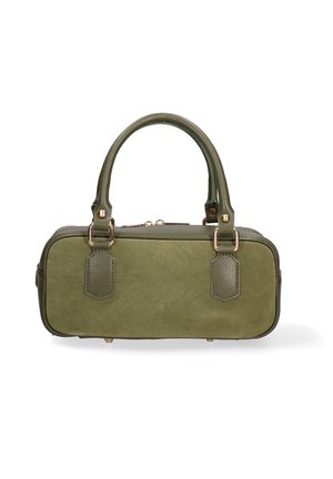 Sac à main rectangulaire vert olive avec bords arrondis, doubles poignées, fermeture éclair dorée et finitions métalliques dorées sur fond blanc.