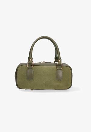 Sac à main rectangulaire vert olive avec bords arrondis, doubles poignées, fermeture éclair dorée et finitions métalliques dorées sur fond blanc.