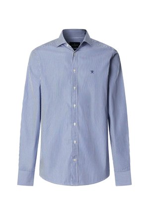 Muška košulja s dugim rukavima s plavim i bijelim vertikalnim prugama, prednje kopčanje na gumbe, ovratnik, manšete i mali izvezeni logo na prsima.