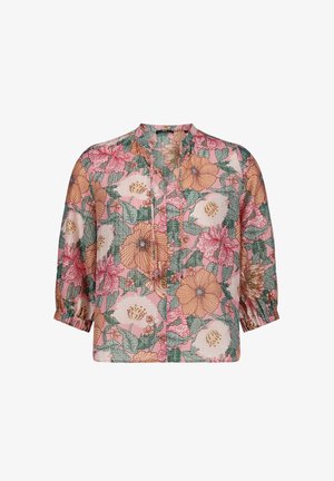 Pink blouse with orange, white, and pink floral print, three-quarter sleeves with elastic cuffs, and a split neckline with tie strings.