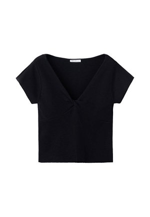 Crop top noir à manches courtes avec un profond décolleté en V et un nœud torsadé au centre devant.