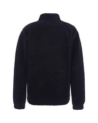 Giacca in pile blu navy con colletto alto, maniche lunghe e una superficie morbida e testurizzata. Nessun hardware visibile o particolari di design.
